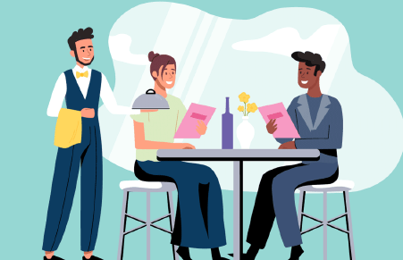 Two people being served at a restaurant