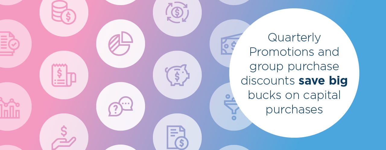 Pink and blue gradient with healthcare and business icons