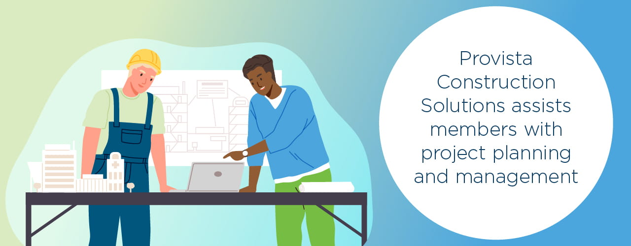 Two construction workers discussing plans on a whiteboard