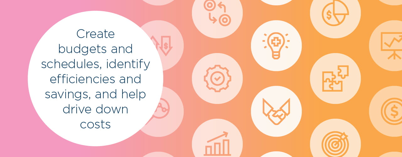 pink and orange gradient with business setting icons