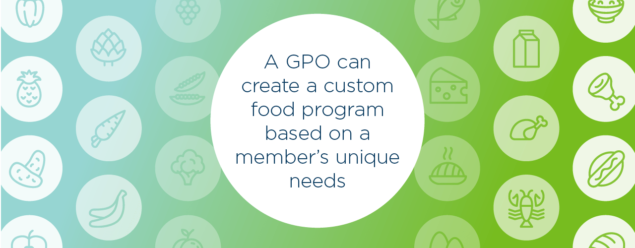 Blue to green gradient with circle icons of various foods, fruits and vegetables