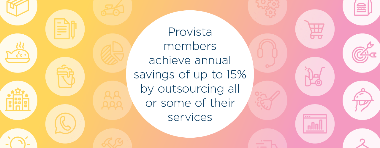 Yellow to pink gradient background with various food, household cleaning , work equipment, office supplies, and  food