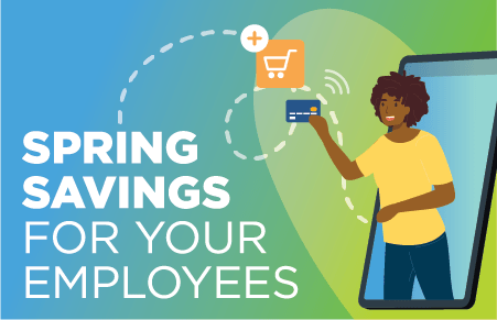 Blue to green gradient with person holding credit card that leads to an online shopping icon