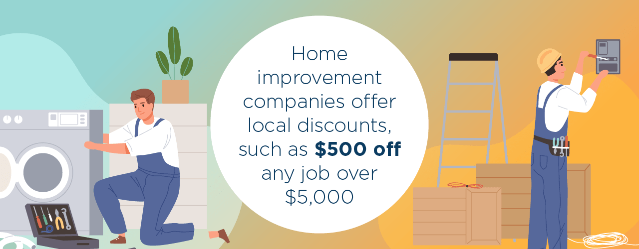 Teal to orange gradient with repairmen working on fixing a washer and dryer and one fixing the electrical