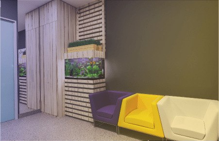 Waiting room lobby with purple, yellow, and white chair