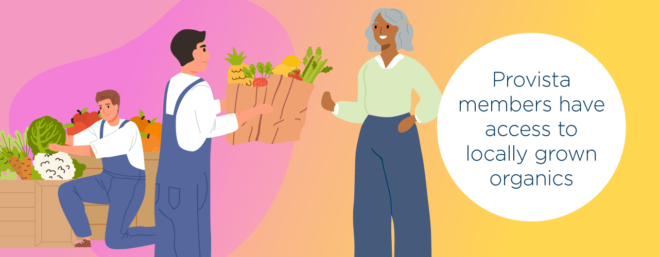Farmers exchanging fresh produce with a customer