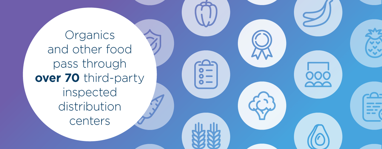 Purple to blue gradient and various food icons