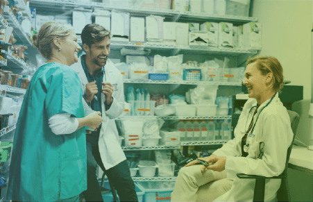 Physicians and nurses gathered in medical storage room