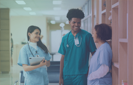 Nurses on break, talking and interacting with one another