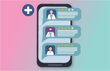 Phone showing doctors with online star ratings