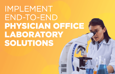 Lab worker looking at microscope, test tubes, and healthcare icons 